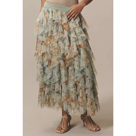 NWT by Anthropologie Cheri in Green Floral Ruffled Tulle Midi Skirt M - Picture 3 of 10